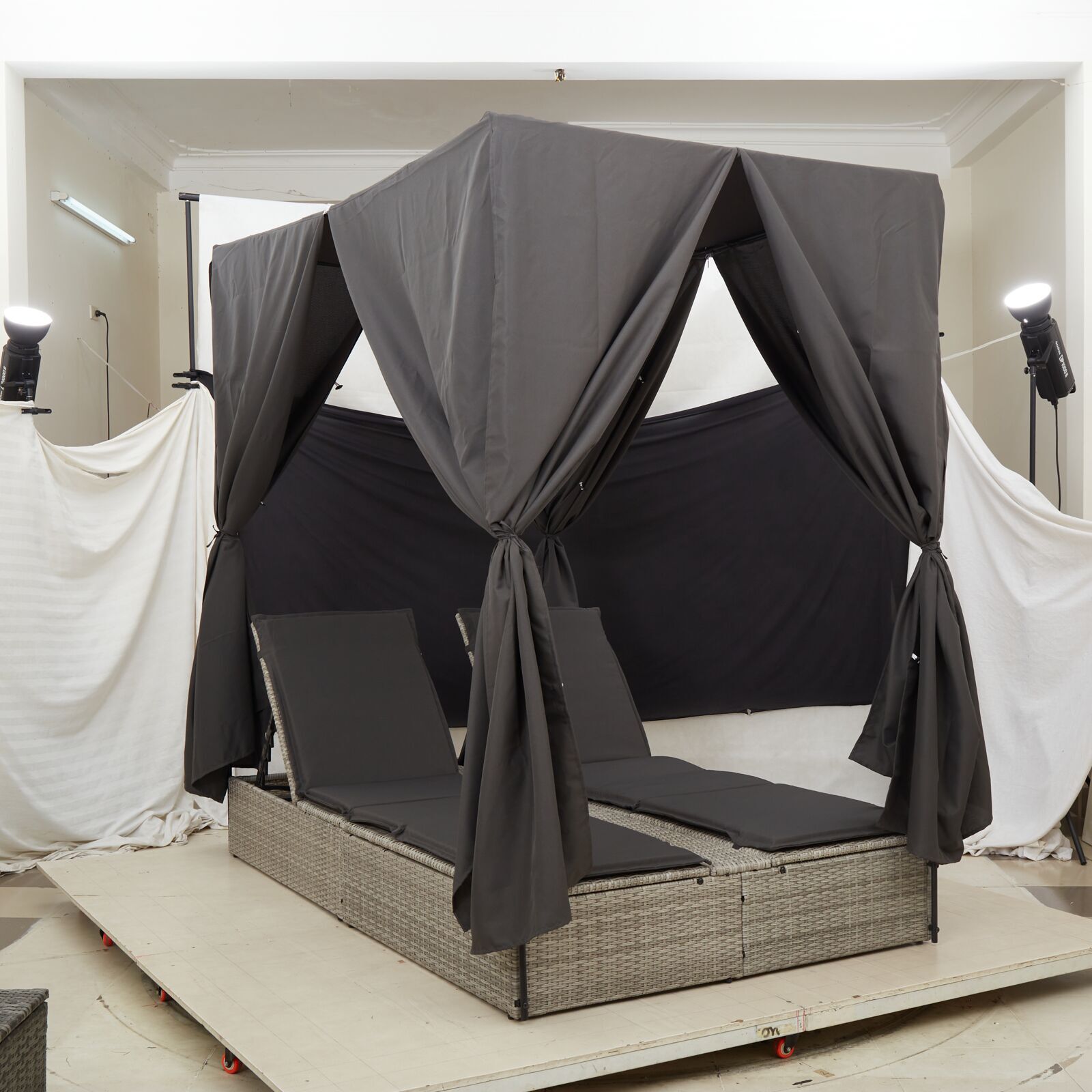 HKH Camas De Sol Dobles Con Toldo Y Cortinas Gris Claro De Ratán Sintético - Gris Claro