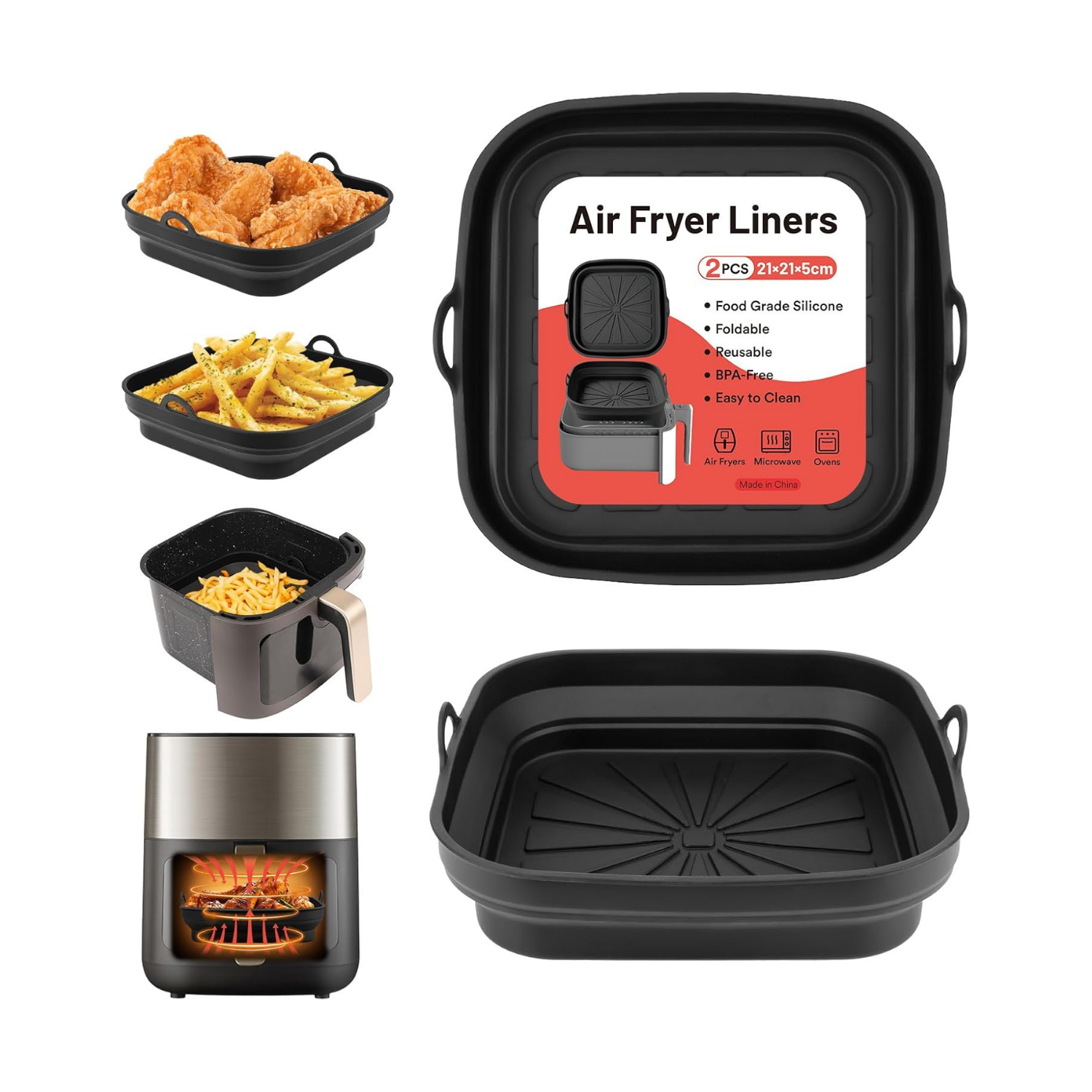 HKH Moldes de Silicone Quadrados Reutilizáveis para Air Fryer - 2 Peças - Pretos