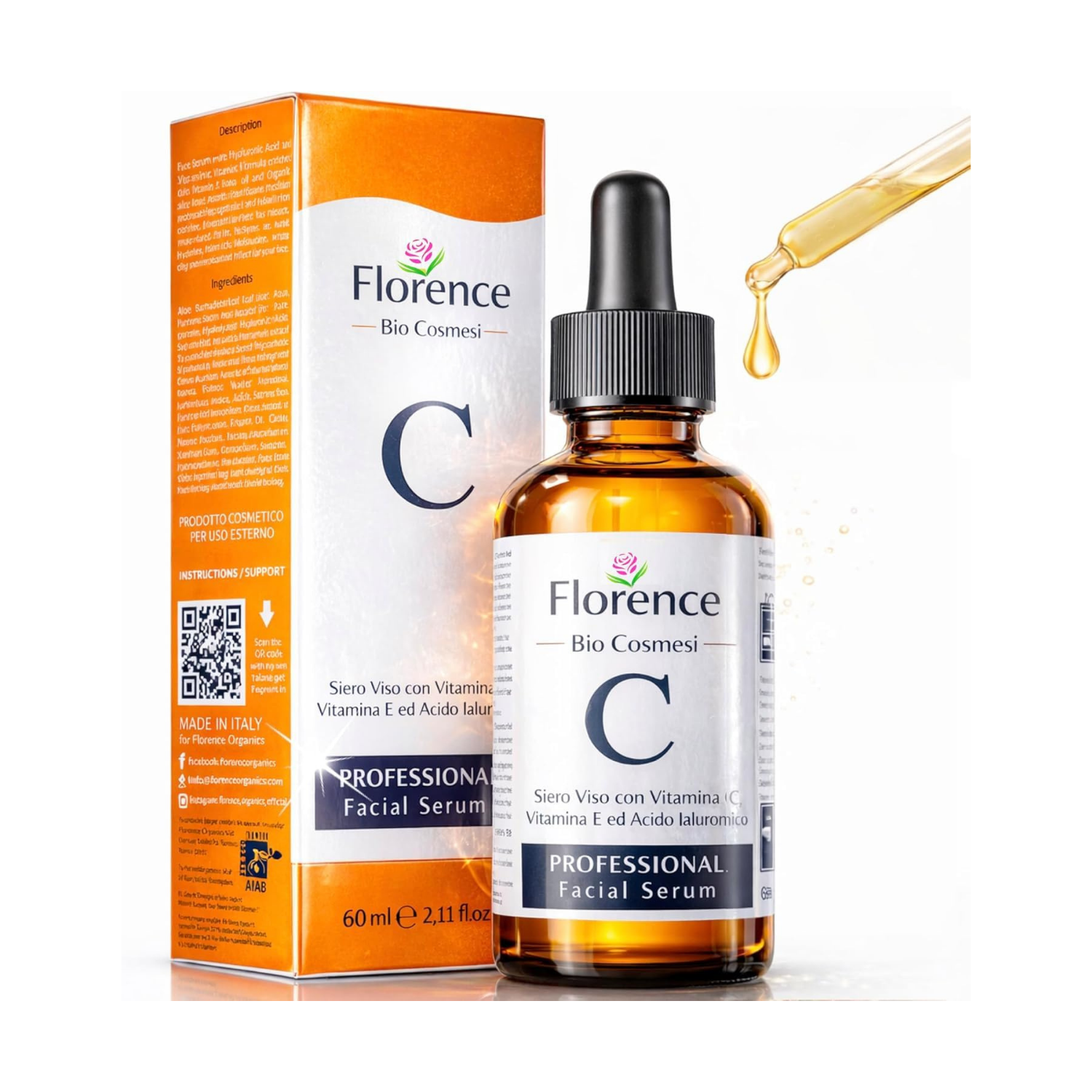 Florence Organics Sérum Facial Orgânico com Vitamina C e Ácido Hialurónico Puro 60ml