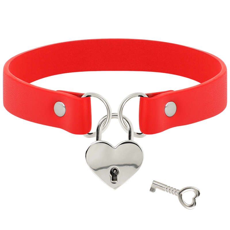 Coquette Chic Desire - Collar de Cuero Vegano Rojo con Accesorio de Corazón con Llave