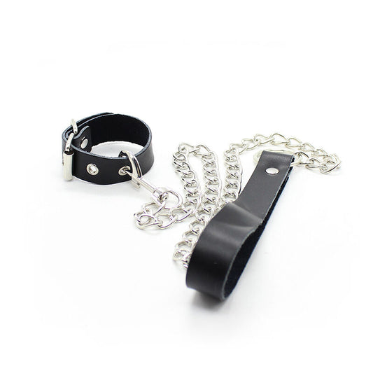 Ohmama Fetish Colar para Pênis e Alça de Couro Com Corrente de Metal