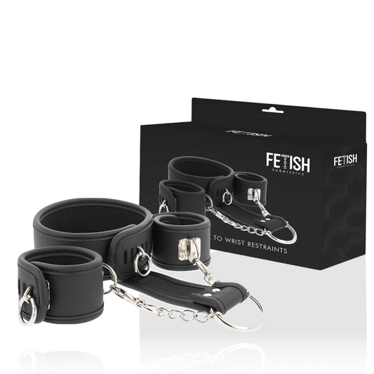 Fetish Submissive - Colar e Algemas de Couro Vegano com Forro de Noprene