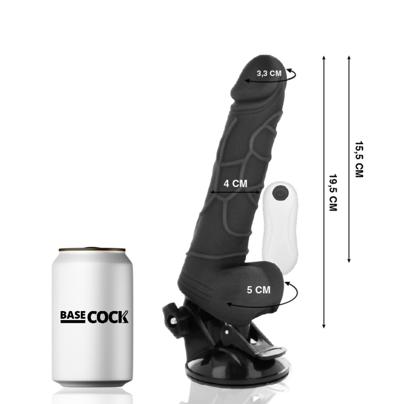Basecock Vibrador Realista Control Remoto Negro Con Testículos 19.5 Cm -o- 4 Cm