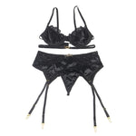 Subblime - Conjunto de 3 Piezas Sujetador + Tanga + Liguero de Encaje Negro L/XL