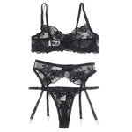 Subblime - Conjunto de 3 Peças Sutiã + Tanga + Liga Estampado Floral Preto S/M