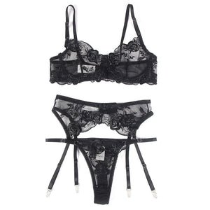 Subblime - Conjunto de 3 Peças Sutiã + Tanga + Liga Estampado Floral Preto S/M