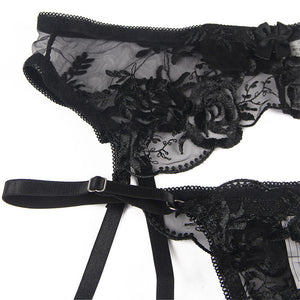 Subblime - Conjunto de 3 Peças Sutiã + Tanga + Liga Estampado Floral Preto S/M