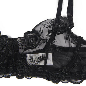 Subblime - Conjunto de 3 Peças Sutiã + Tanga + Liga Estampado Floral Preto S/M