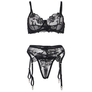 Subblime - Conjunto de 3 Peças Sutiã + Tanga + Liga Estampado Floral Preto S/M