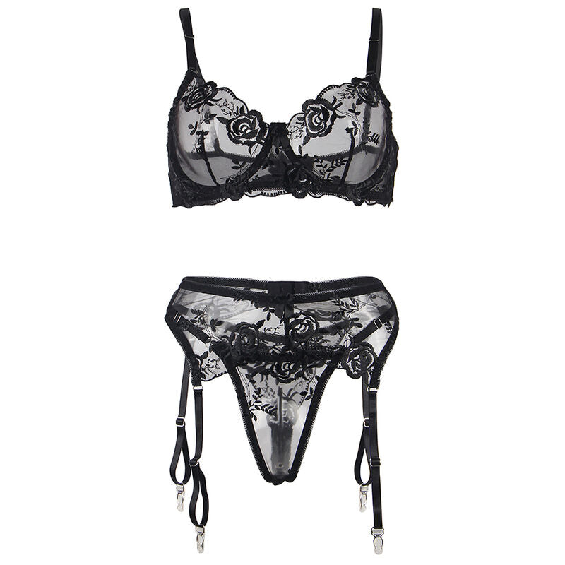 Subblime - Conjunto de 3 Peças Sutiã + Tanga + Liga Estampado Floral Preto S/M