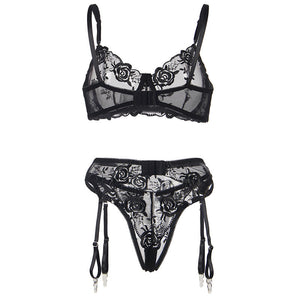 Subblime - Conjunto de 3 Peças Sutiã + Tanga + Liga Estampado Floral Preto S/M