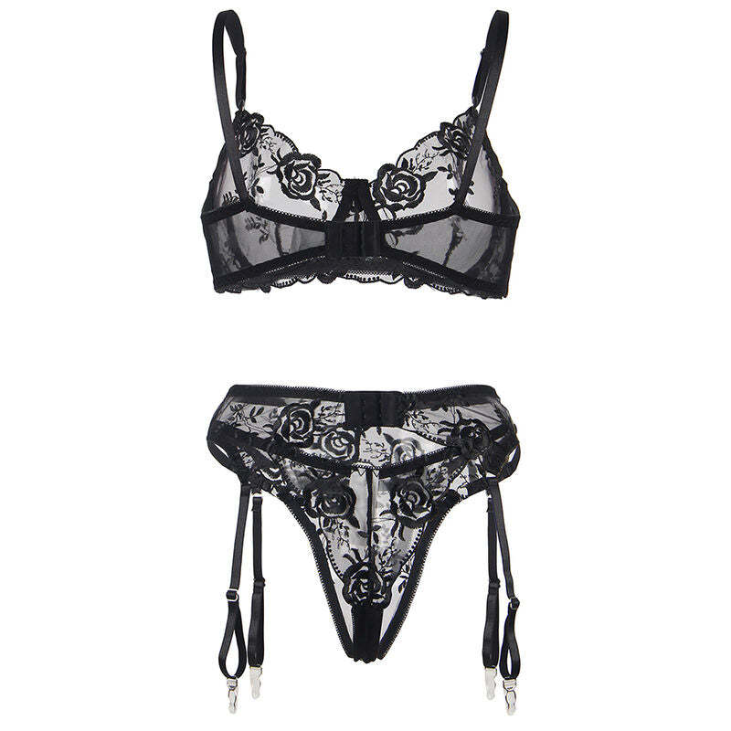 Subblime - Conjunto de 3 Peças Sutiã + Tanga + Liga Estampado Floral Preto S/M