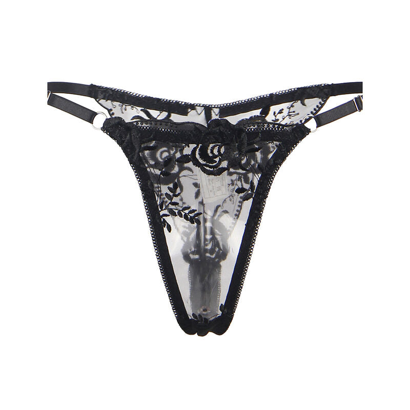Subblime - Conjunto de 3 Peças Sutiã + Tanga + Liga Estampado Floral Preto S/M