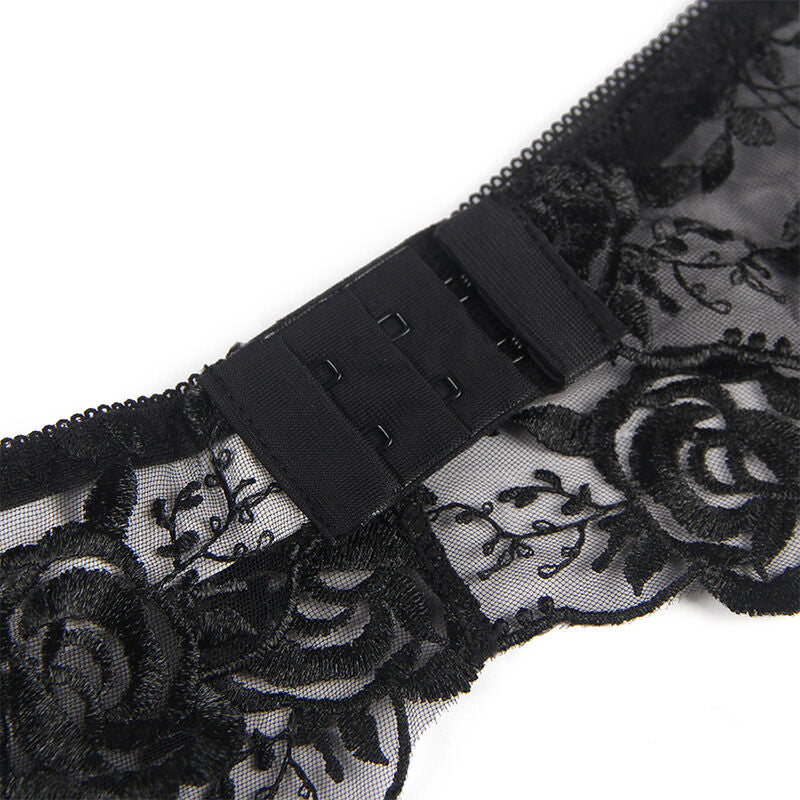 Subblime Conjunto de 3 Piezas Sujetador + Tanga + Liga Estampado Floral Negro L/xl