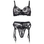 Subblime Conjunto de 3 Piezas Sujetador + Tanga + Liga Estampado Floral Negro L/xl
