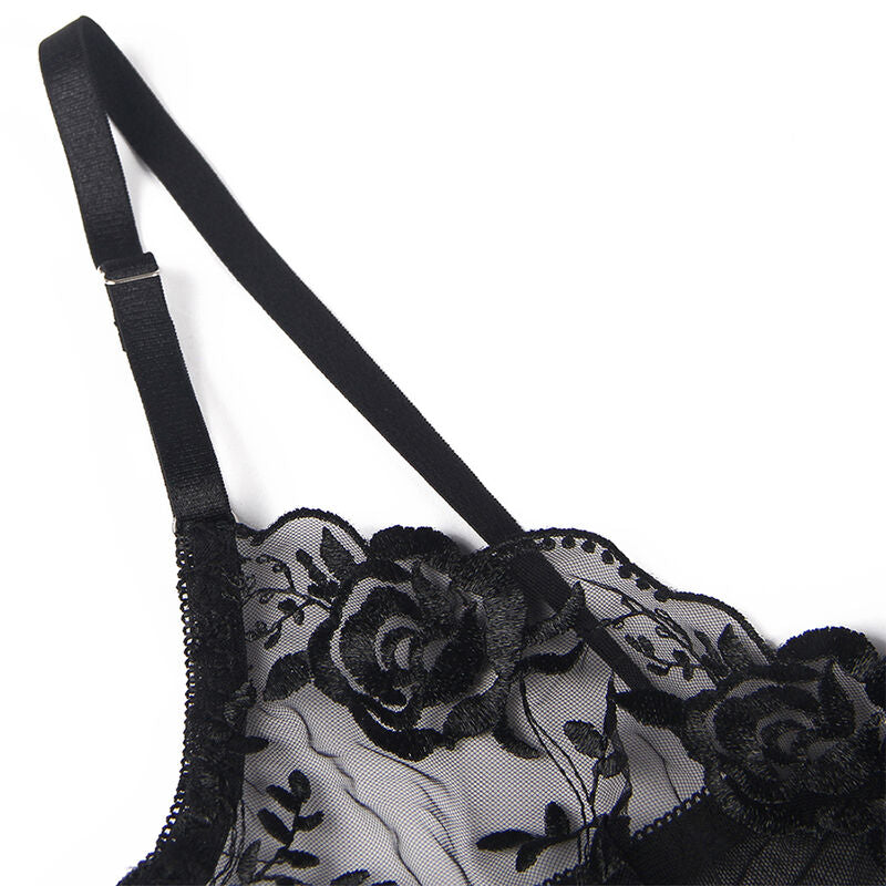 Subblime Conjunto de 3 Piezas Sujetador + Tanga + Liga Estampado Floral Negro L/xl