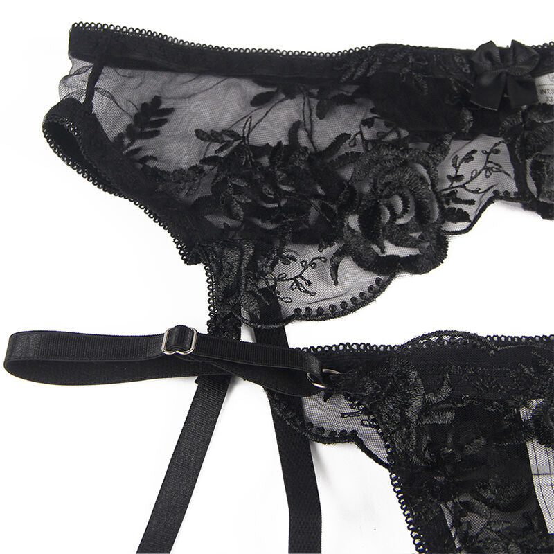 Subblime Conjunto de 3 Piezas Sujetador + Tanga + Liga Estampado Floral Negro L/xl