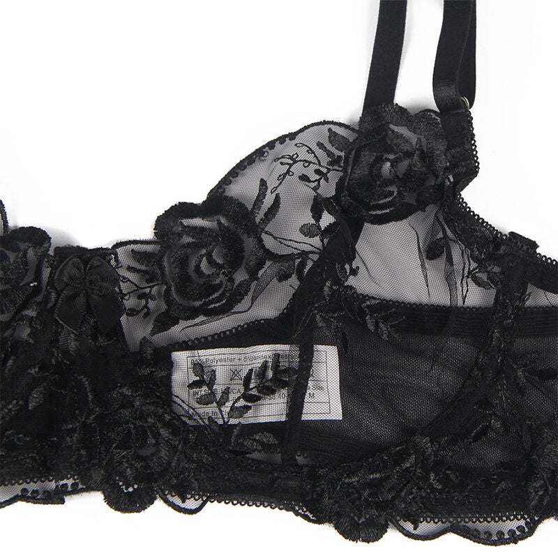Subblime Conjunto de 3 Piezas Sujetador + Tanga + Liga Estampado Floral Negro L/xl