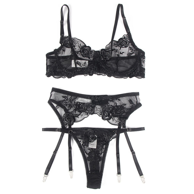 Subblime Conjunto de 3 Piezas Sujetador + Tanga + Liga Estampado Floral Negro L/xl