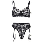 Subblime Conjunto de 3 Piezas Sujetador + Tanga + Liga Estampado Floral Negro L/xl