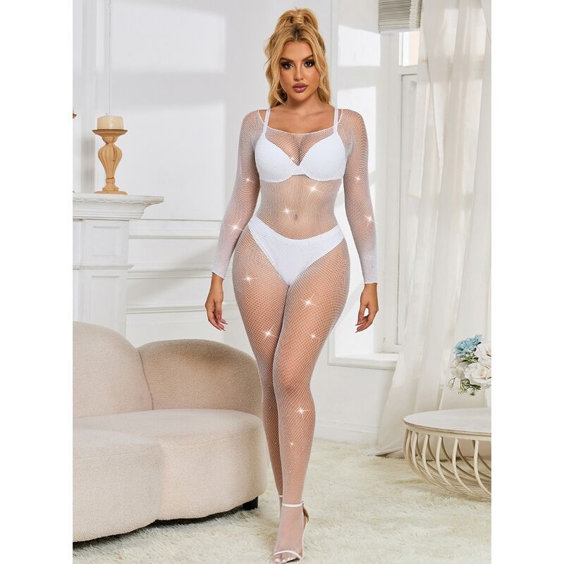 Subblime 952396 Bodystocking de Red Con Diamantes Manga Larga Blanco Talla Única