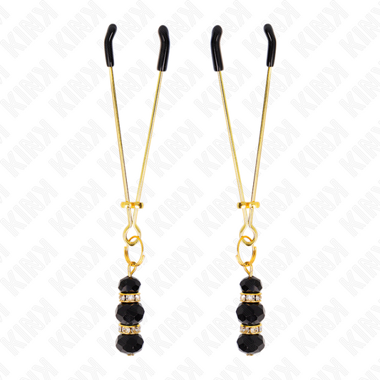 Kink - Pinças Finas Douradas Com 3 Contas de Vidro Pretas 7 cm
