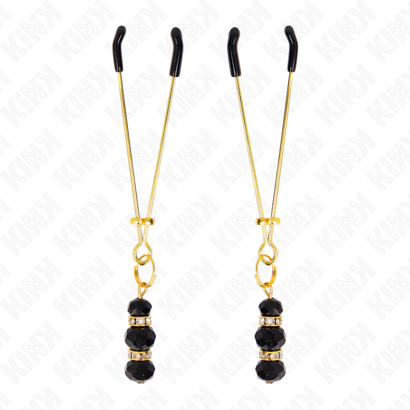 Kink - Horquillas finas doradas con 3 abalorios de cristal negros 7 cm