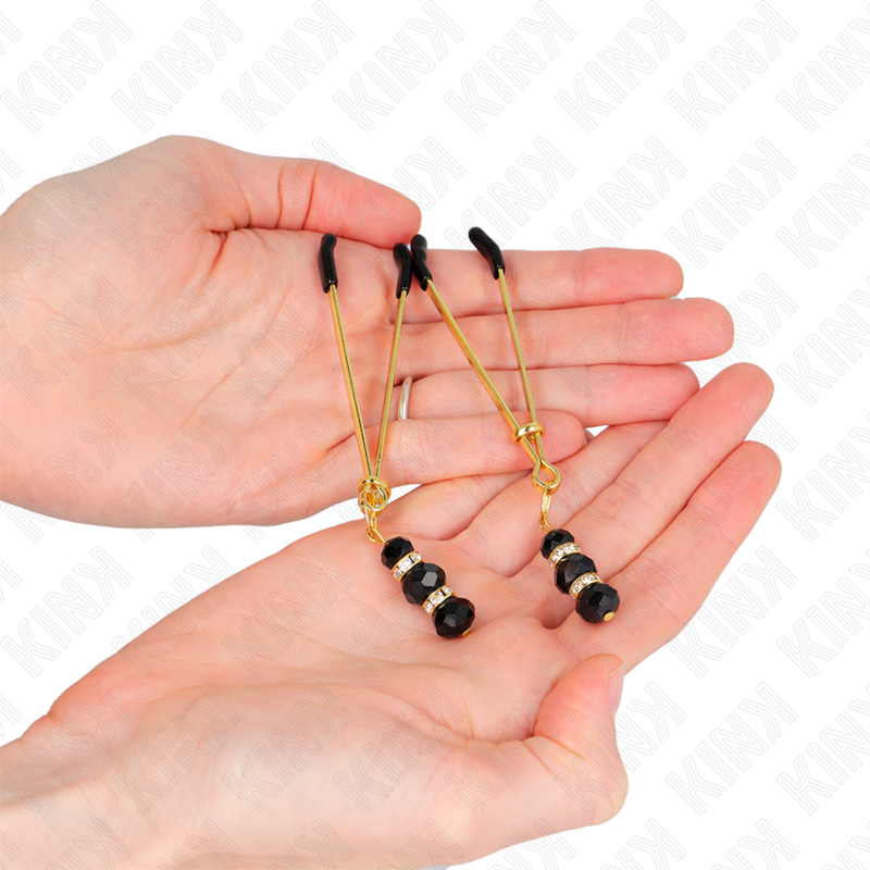 Kink - Horquillas finas doradas con 3 abalorios de cristal negros 7 cm