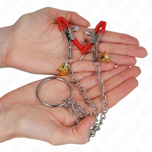 Kink - Bell Triple Nipple and Clit Camps Vermelho com Corrente 30 cm