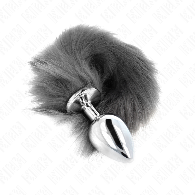 Kink -Plug Anal Tamanho L 10 X 4 cm Com Cauda Sintética 40 cm Cinzento e Branco