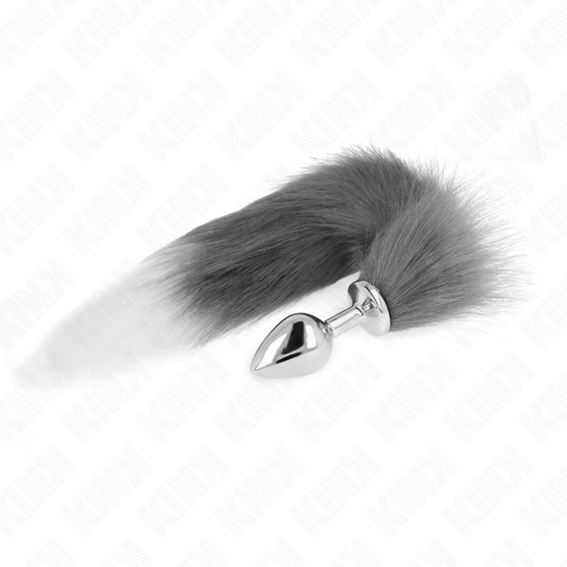 Kink -Plug Anal Tamanho M 8 X 3,5 cm Com Cauda Sintética 40 cm Cinzento e Branco