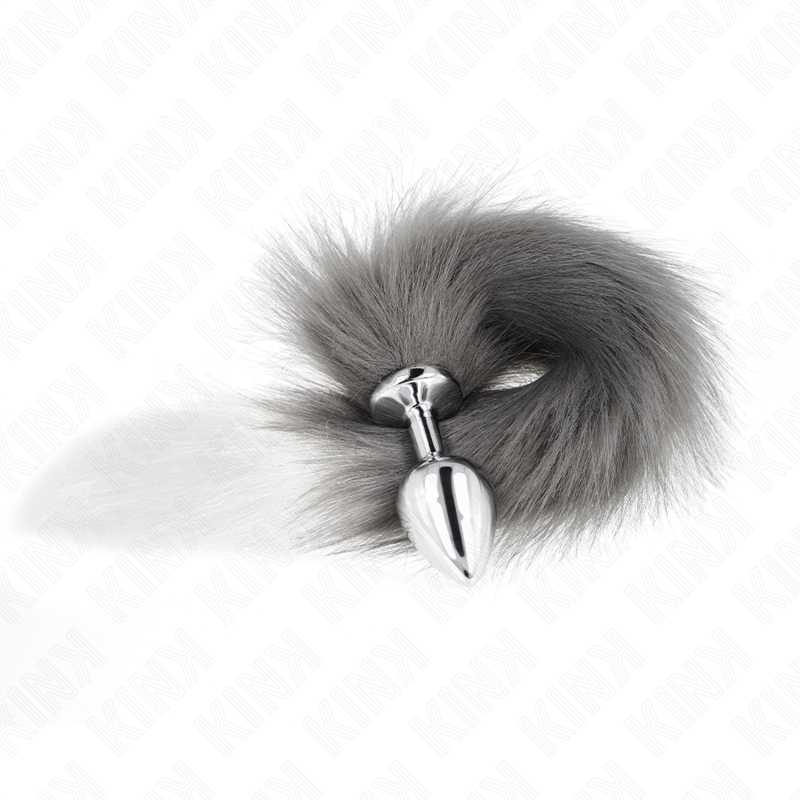 Kink -Plug Anal Tamanho M 8 X 3,5 cm Com Cauda Sintética 40 cm Cinzento e Branco