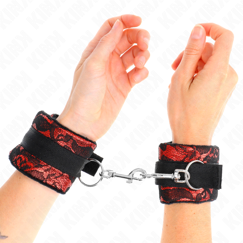 Kink - Puños de encaje de terciopelo corto y atadura de nylon rojo/negro 23 x 6,5 cm