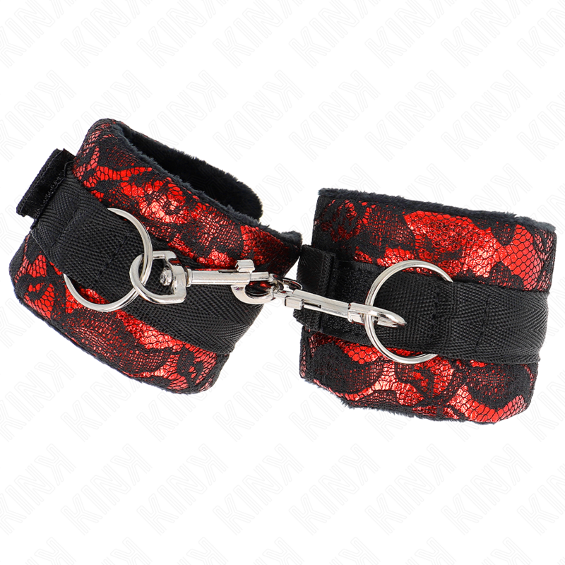 Kink - Puños de encaje de terciopelo corto y atadura de nylon rojo/negro 23 x 6,5 cm