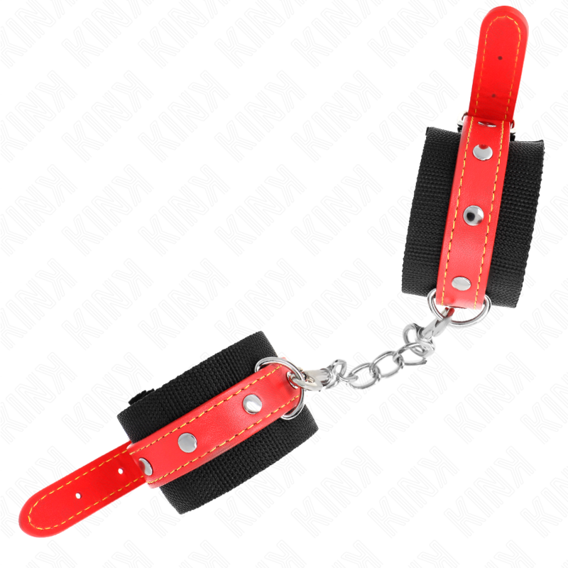Kink - Puños de Nylon Negro Con Cuero Rojo Ajustables 19-24 cm X 5,5 cm