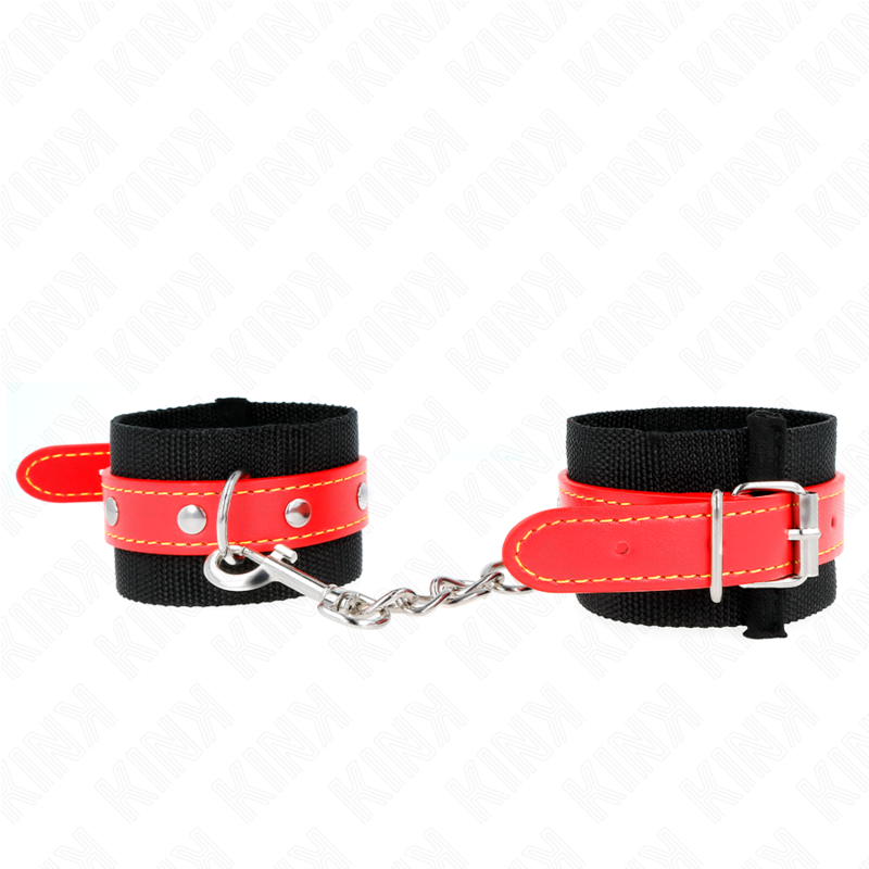 Kink - Puños de Nylon Negro Con Cuero Rojo Ajustables 19-24 cm X 5,5 cm