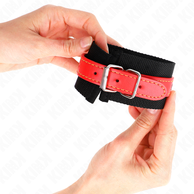 Kink - Puños de Nylon Negro Con Cuero Rojo Ajustables 19-24 cm X 5,5 cm