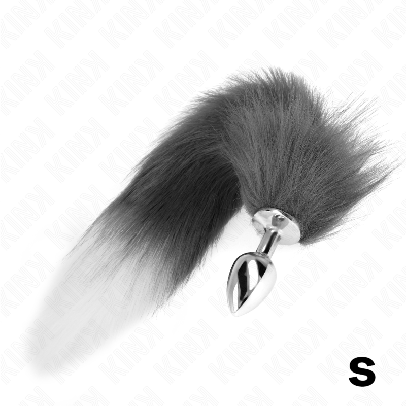 Kink -Plug Anal Tamanho S 7 X 3 cm Com Cauda Sintética 40 cm Cinzento e Branco