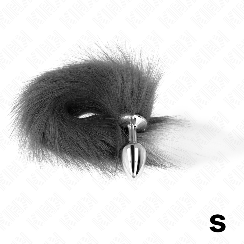 Kink -Plug Anal Tamanho S 7 X 3 cm Com Cauda Sintética 40 cm Cinzento e Branco