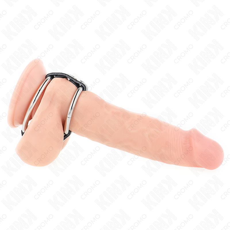 Kink - Anillo de Pene Doble de Metal de 3,8 cm a 5 cm Conectado con Cuero