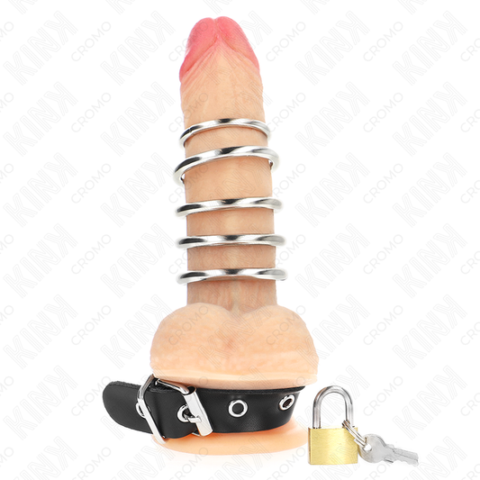 Kink - Anel de Couro Para O Pénis Com Tira de Trava 21 X 2 cm e 5 Anéis de Metal de 3 cm A 4 cm