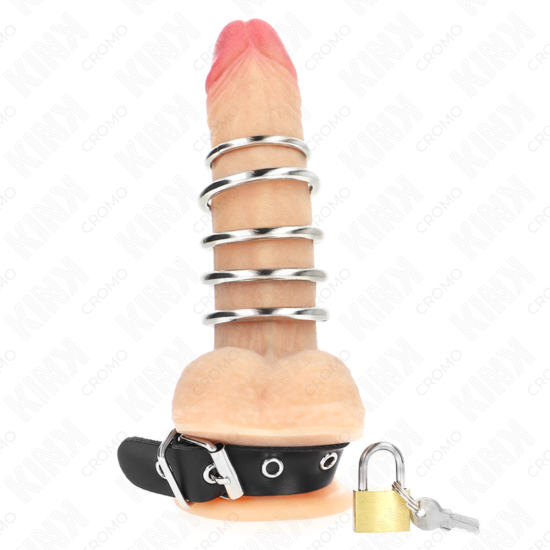 Kink - Anel de Couro Para O Pénis Com Tira de Trava 21 X 2 cm e 5 Anéis de Metal de 3 cm A 4 cm