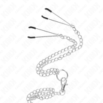 Kink - Anel de Pénis Triplo de Metal Cromado de 3,8 cm A 5 cm Com Corrente de Metal de 26 cm e Grampos de Mamilos Modelo 2