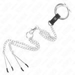 Kink - Anel de Pénis Triplo de Metal Cromado de 3,8 cm A 5 cm Com Corrente de Metal de 26 cm e Grampos de Mamilos Modelo 2