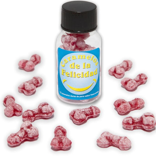Diablo Picante - Pote com 12 Doces de Morango/Cereja em Formato de Pênis Feliz