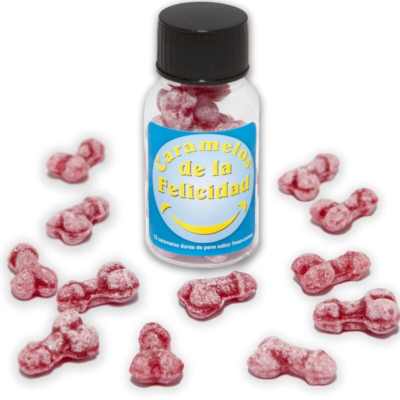 Diablo Picante - Pote com 12 Doces de Morango/Cereja em Formato de Pênis Feliz