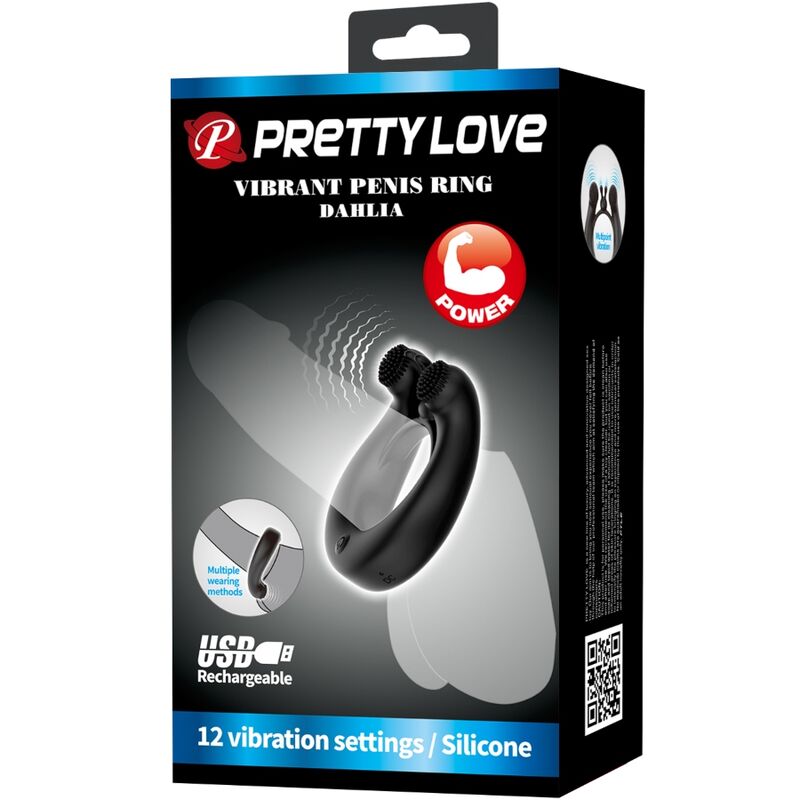 Pretty Love - Anillo Vibrador Dalia + Estimulador de Clítoris 12 Vibraciones Negro