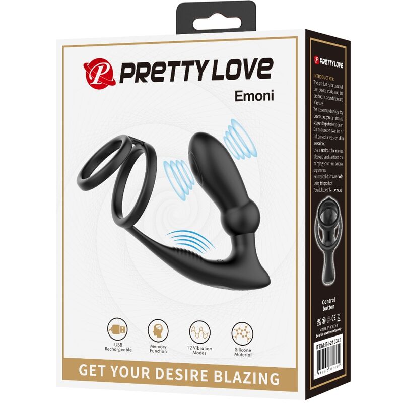 Pretty Love - Anel Penis Emoni +Plug Anal 12 Vibrações Preto