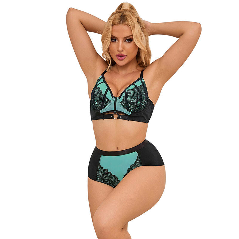 Subblime - 955564 Conjunto de Sujetador de Cuero Verde Con Cremallera de Malla L/XL