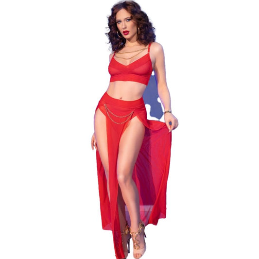 Chilirose - Cr 4850 Conjunto de Top e Legging Vermelho com Acessórios Dourados S
